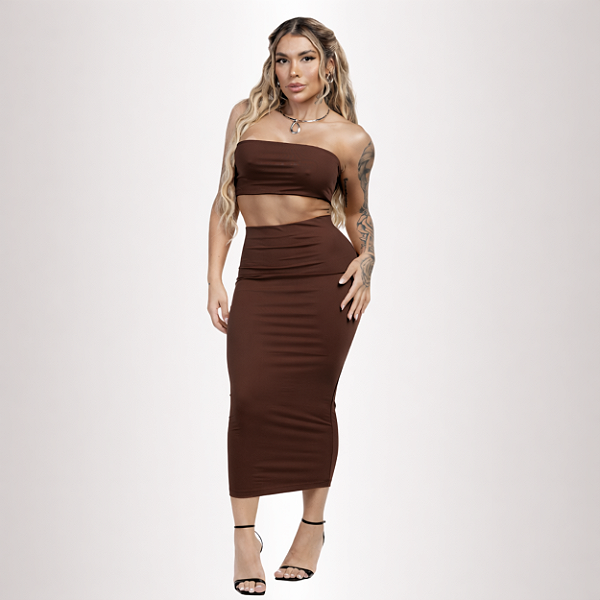 CONJUNTO SAIA E TOP FAIXA MARROM