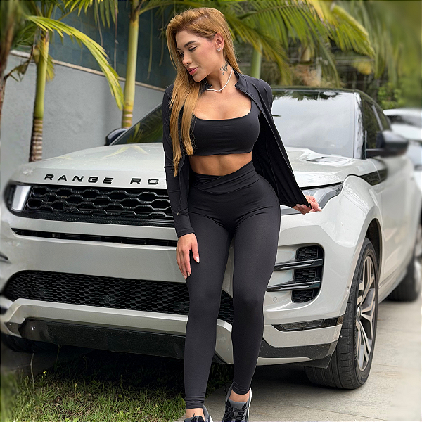 TRIO JAQUETA LONGA TOP E CALÇA LEGGING PRETO