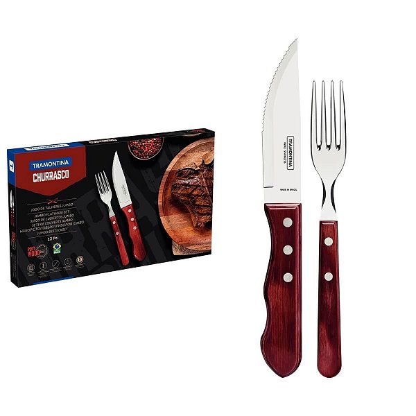 Jogo Talheres Churrasco Aço Inox Vermelho Polywood 12 Pçs