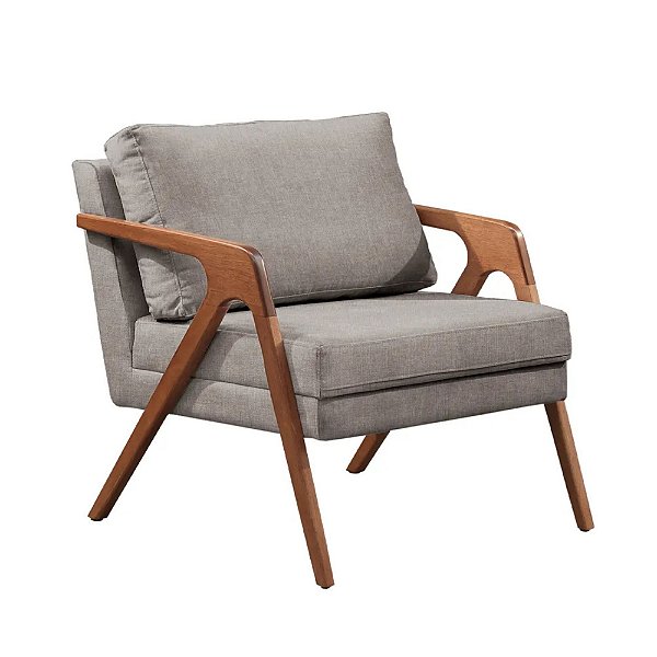 Poltrona Mona Luxo Madeira Maciça Tecido Linho Cinza