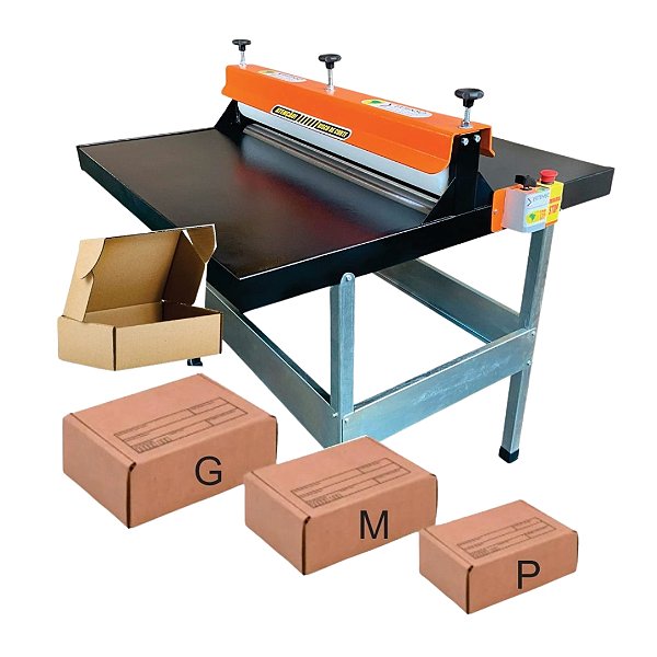 Kit Fábrica de Caixas Fechamento Automático - Corte e Vinco Elétrica de 100cm + 3 Facas de Caixas P, M e G