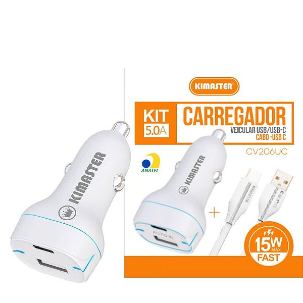 KIT CARREGADOR VEICULAR USB/USB-C CABO C 15W MAX FAST - CV206UC