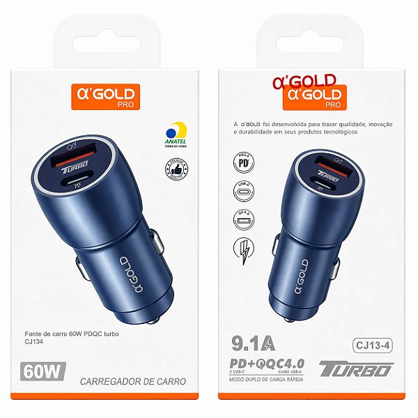 Carregador Veicular CJ134 USB/USB-C– Fonte de Carro Rápida