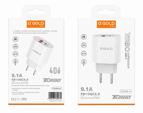 Carregador Fonte 40W USB Tipo C 9.1A CA40 Turbo Carregamento Rápido