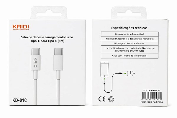 Cabo USB Tipo C para Tipo C KAIDI KD-01C Carregamento Rápido