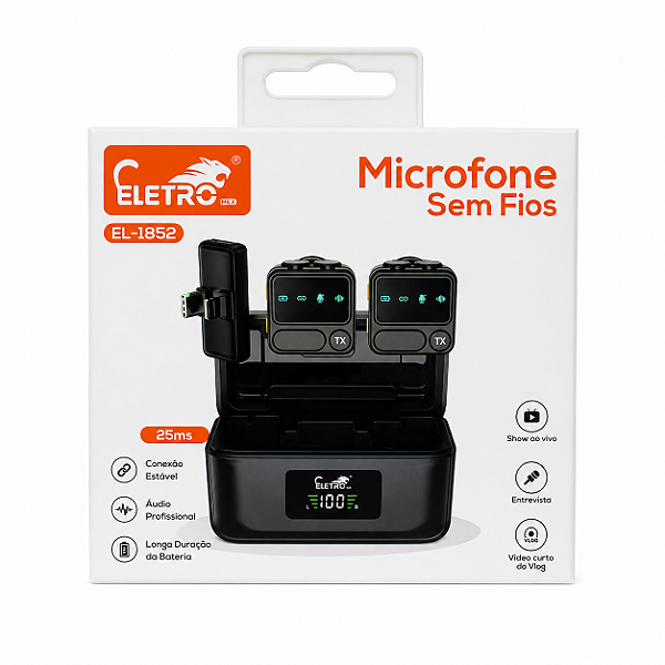 Microfone Sem Fio Eletro EL-1852 Lapela Duplo para iPhone e Android