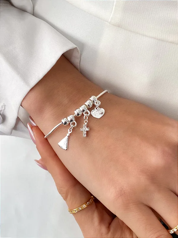 Pulseira Nossa Senhora Aparecida com Crucifico -Folheado a Prata 925