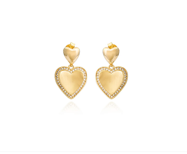 Brinco Coração Médio Escovado com Zircônias Folheado Ouro 18K
