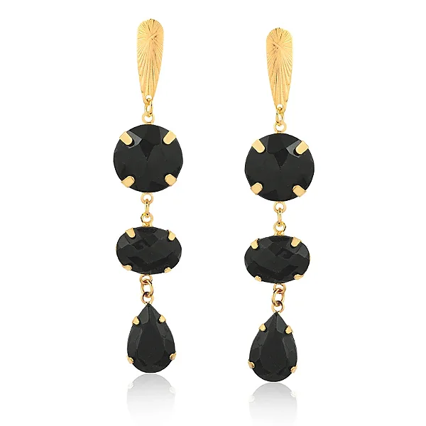 Brinco Pedras Black de Resina Folheado a Ouro 18K