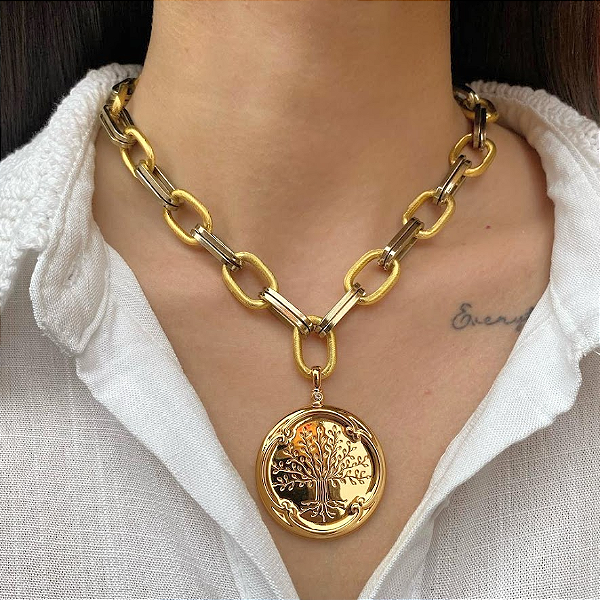 Colar Curto Duo Arvore da Vida e Oração da Familia