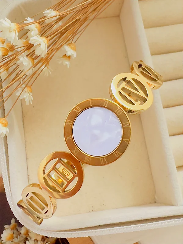 Bracelete Clean Dourado Aço Inoxidavel Numerais Romanos