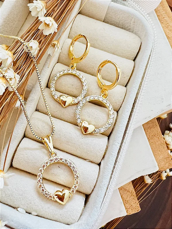 Conjunto Heart Micro Zirconia Folheado a Ouro