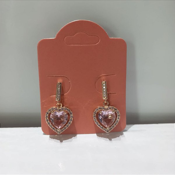 Brinco Dourado Heart Rosa Cravejado