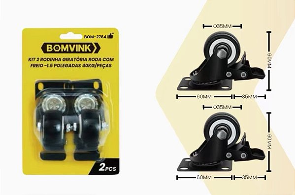 Kit 2 Rodizios Giratorio 1.1/2" 45Kg com Freio Preto Bom-2764