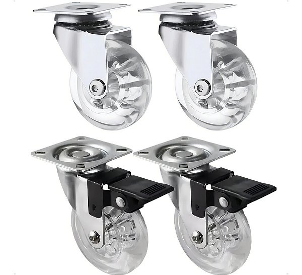 Kit 4 Rodizios Giratorio 2" 45kg com e sem Freio Transparente Bom-2768
