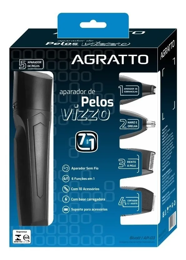 Aparador de Pelos Agratto Vizzo AP-03 | 7 em 1 | Preto | Bivolt