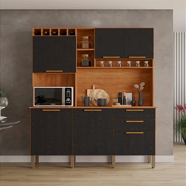 Armário de Cozinha 6 Portas 2 Gavetas New Topázio Cinamomo/Preto