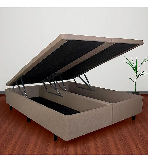 Base Box Baú Queen 158x198 Courino Linho Bege Com Pistão A Gás