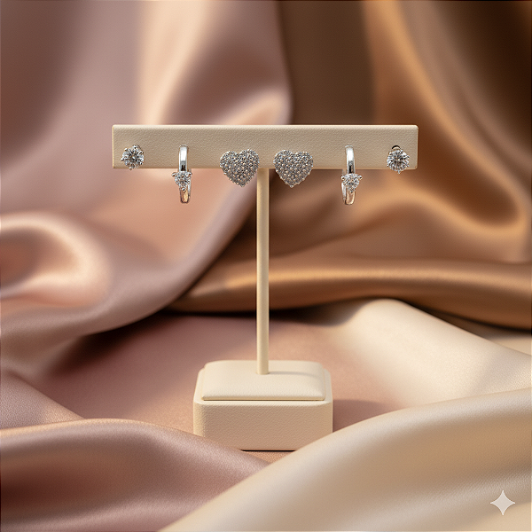 Trio de Brincos Encanto Banhado em Prata 925 e Cravejado com Zircônias