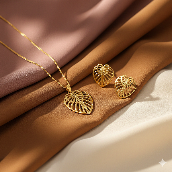 Conjunto Folha Tropical Banhado a Ouro 18K