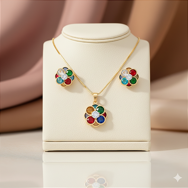 Conjunto Jardim das Cores Banhado a Ouro 18K e Zircônia