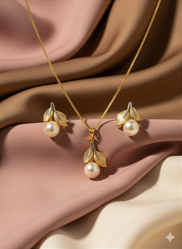 Conjunto Natureza Clássica Banhado a Ouro 18K com Pérolas