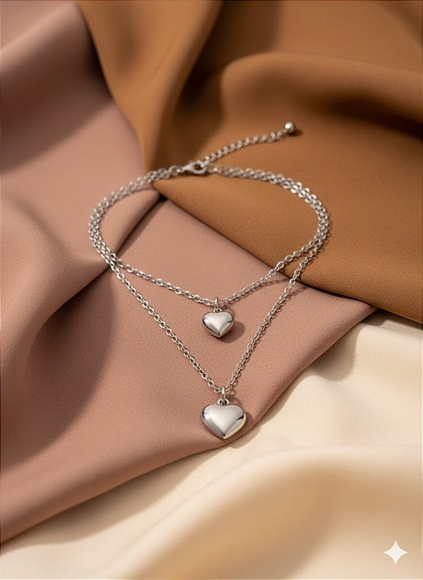 Gargantilha/Choker Duo Corações Valentia Aço Inoxidável Premium