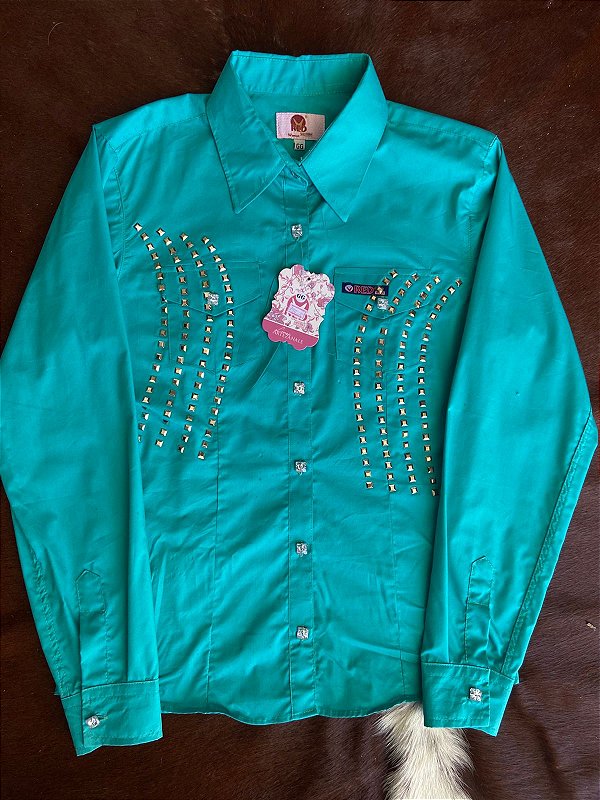 Camisa Red Western manga comprida verde água com strass