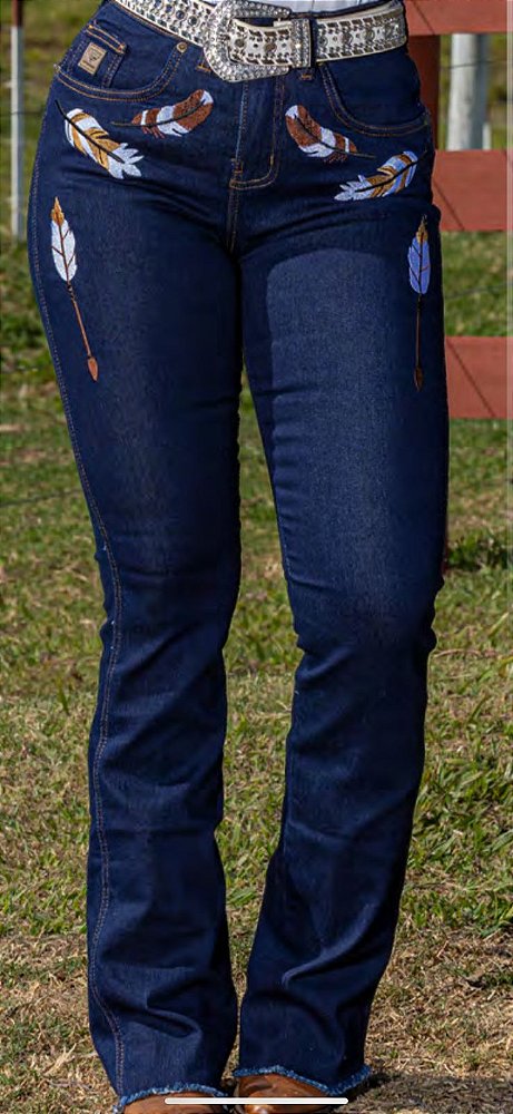 Calça American Country Boot Cut Bordada Penas