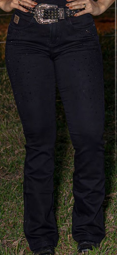 Calça American Country Boot Cut Preta com Strass