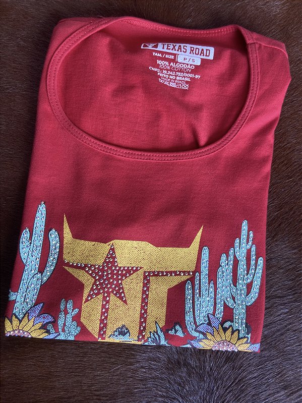 Camiseta Texas Road vermelho cactos strass