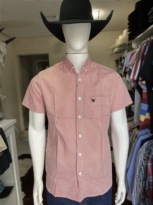 Camisa Bull Brand Manga Curta Xadrez Laranja