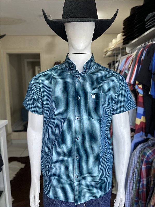 Camisa Bull Brand Manga Curta Xadrez Azul Verde