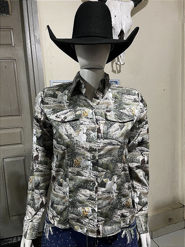 Camisete Red Western Manga Longa Estampada