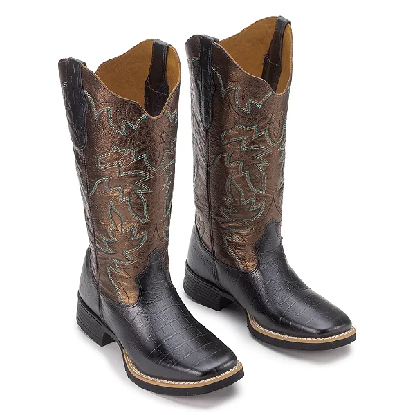 Texana DOJOAO Quadrado Croco Preto/Bronze