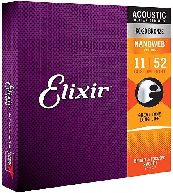Encordoamento .011 Elixir 11027, para Violão Aço, Custom Light Bronze 80/20 Nanoweb