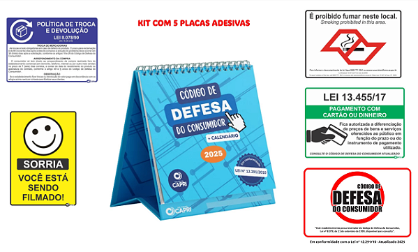 Kit Livro Código de Defesa do Consumidor Atualizado com Calendário 2026 e 5 Placas Adesivas