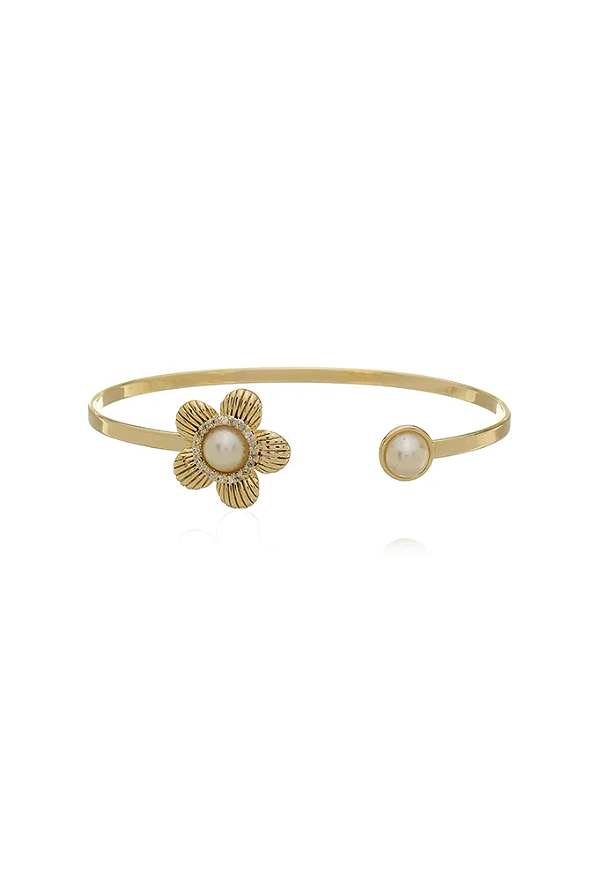 Bracelete Flor Cravejado com Pérola no Ouro PM424-O