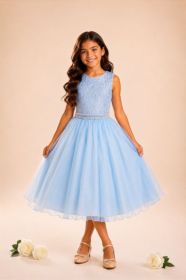 Vestido Infantil Juvenil Renda Dublada Azul 4 ao 16