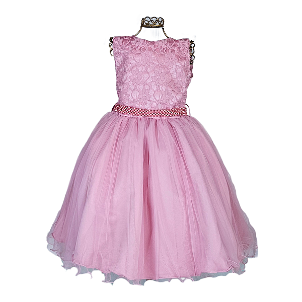 6350RS Vestido Infantil Juvenil Renda Dublada Rosa 4 ao 16