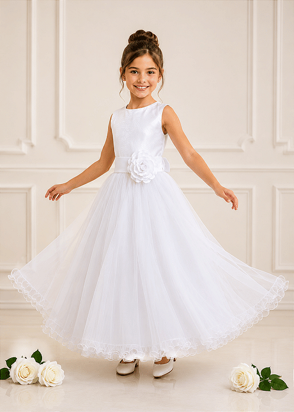 Vestido Daminha Longo Branco Flor 4 ao 16