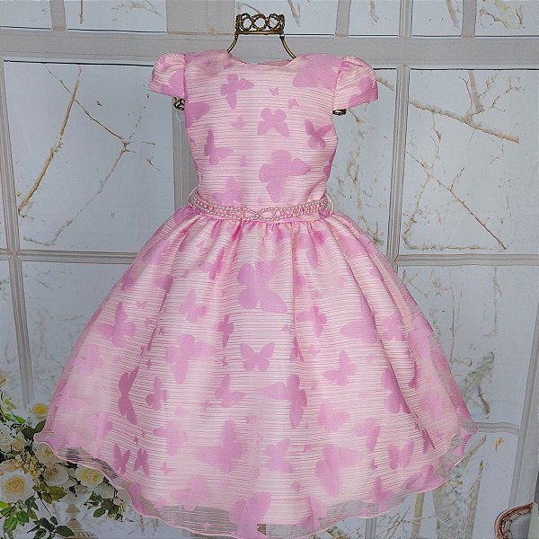 5362 Vestido Infantil Rosado Borboleta Devorê 1 ao 4