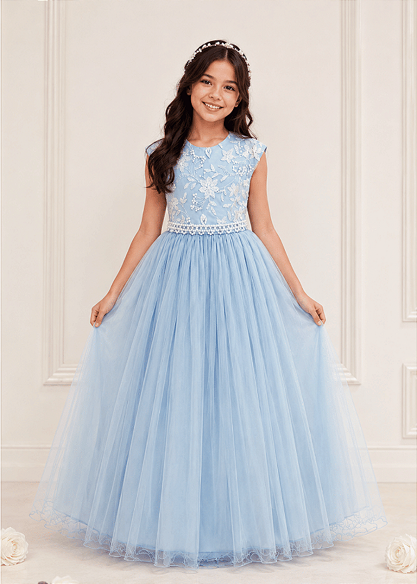 Vestido Daminha Longo Azul 4 ao 16