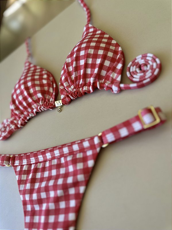 Cortininha com bojo 004 + calcinha 794 regulagem xadrez vermelho