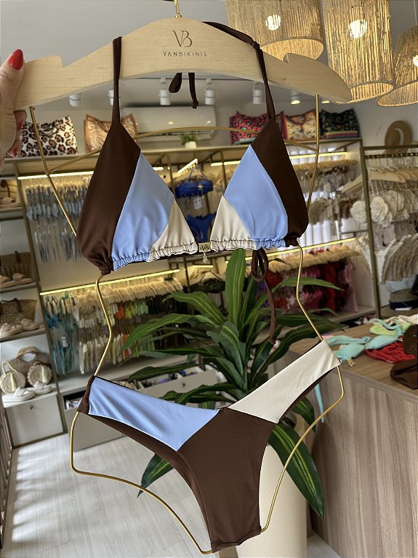 Cortininha 004 dupla face recortes marrom off e azul + calcinha asa delta 012 recortes