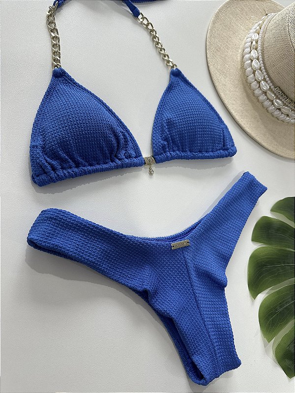 Top cortininha com corrente ouro Shine Bic + calcinha asa delta