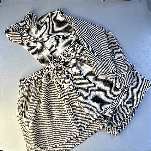 Camisa + shorts bolso micro linho listras Nude