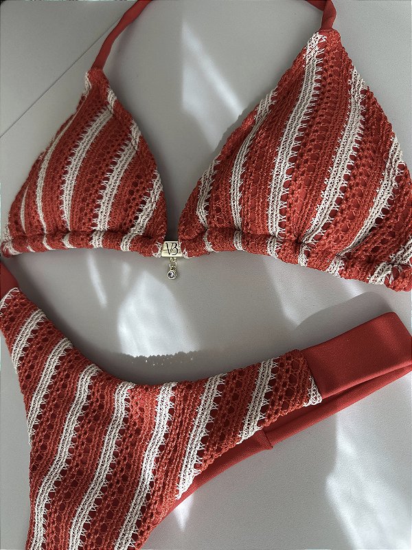 Top cortininha com bojo removível + calcinha fita 013 Trancoso Vermelho