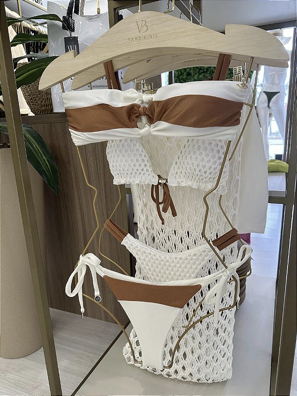 Top 104 tomara caia 3 nós Off e marrom + Calcinha lacinho empina bumbum 015