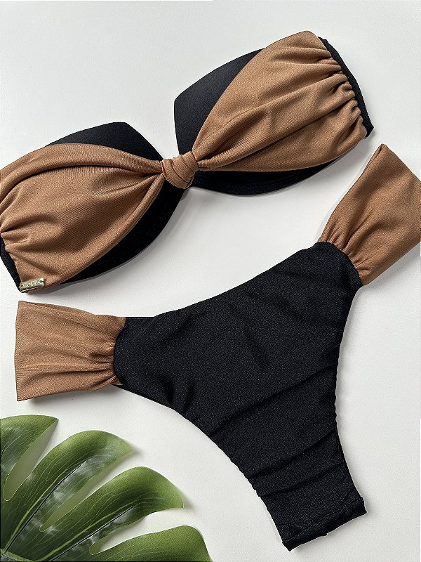 Top tomara caia nó glow preto e marrom + calcinha borboleta 005